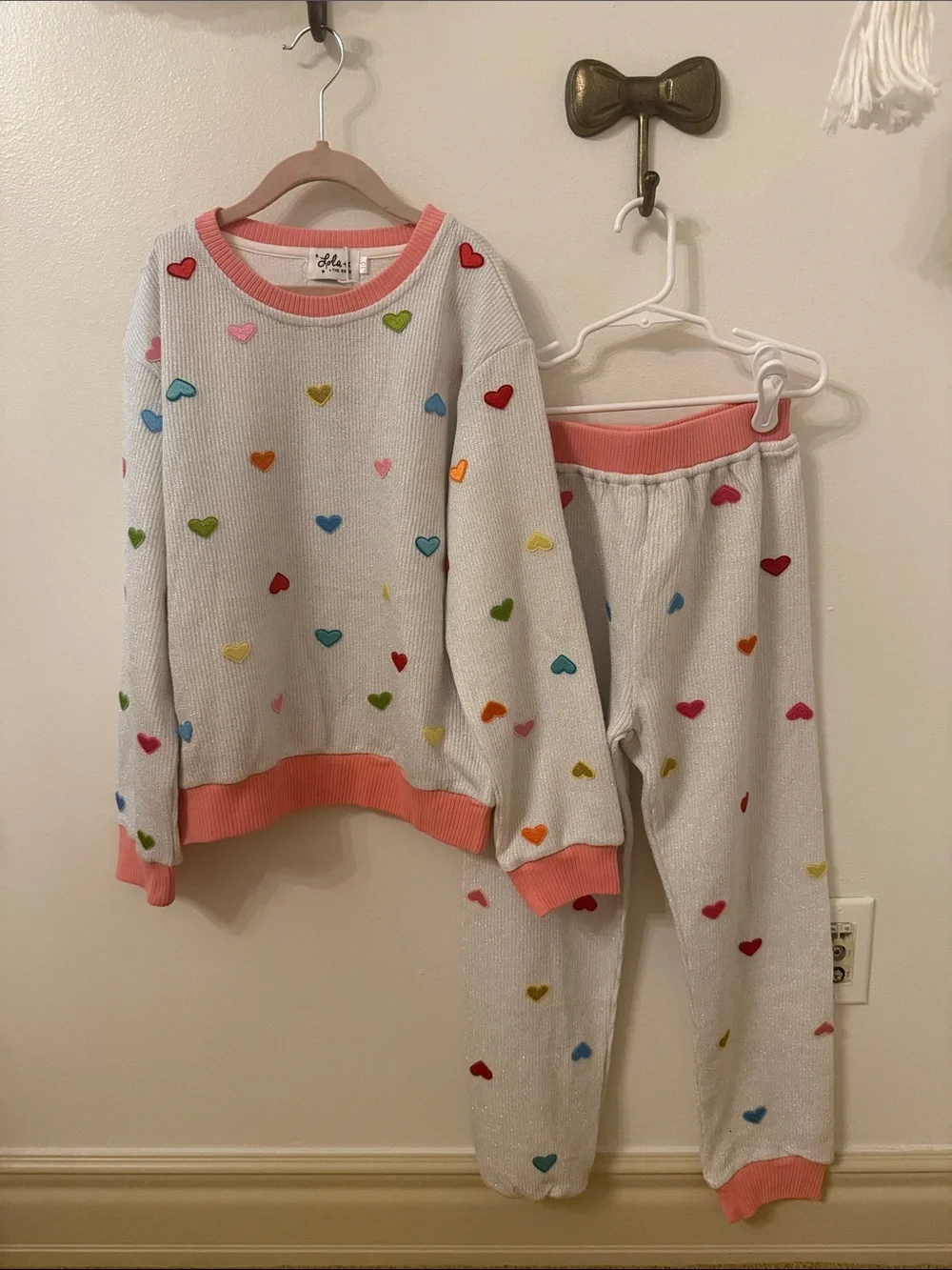 Lola + The Boys Metallic White Set with Multicolor Heart Embroidery